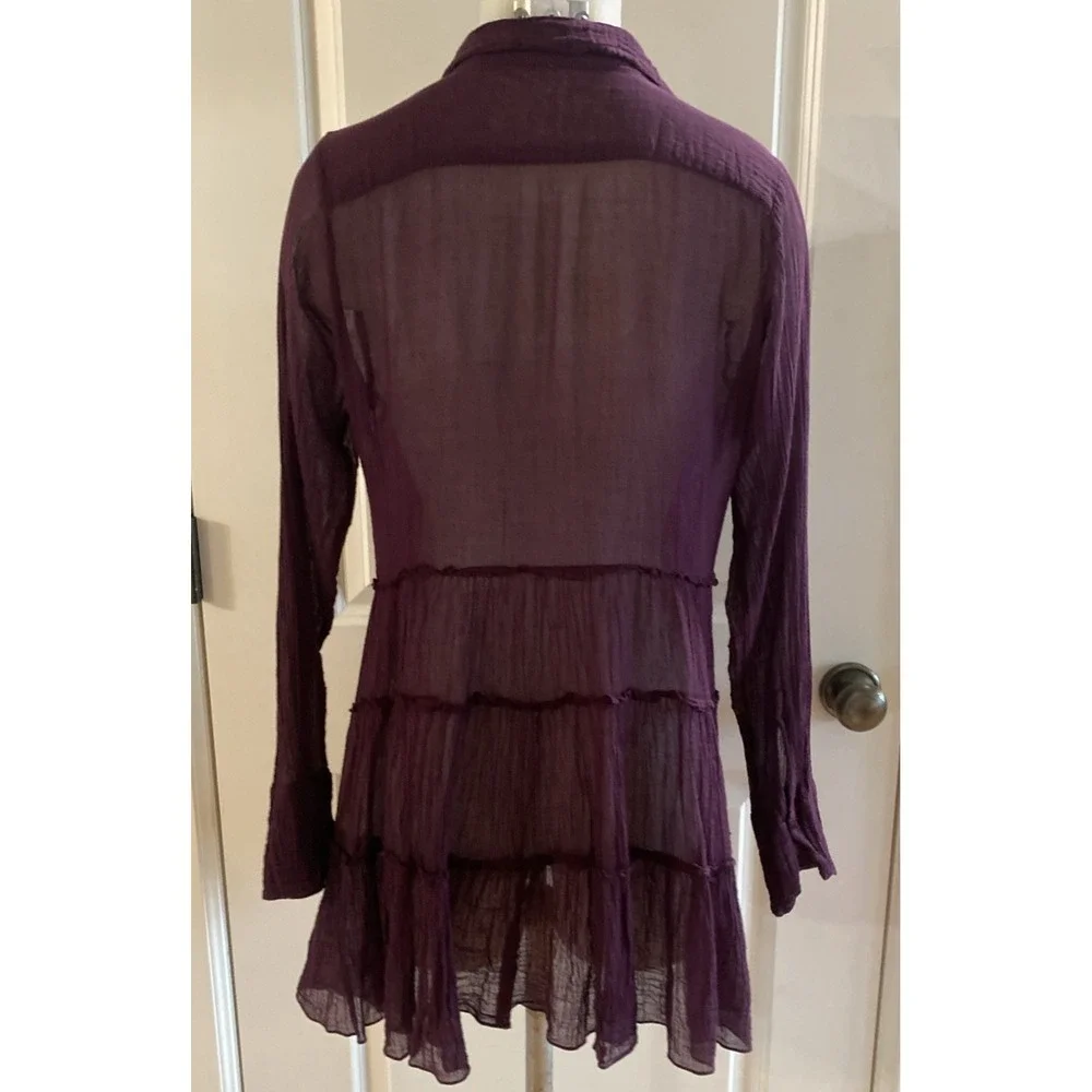 FREE PEOPLE Purple Guaze Tiered Long Sleeve Mini Dress Button Size Small‎